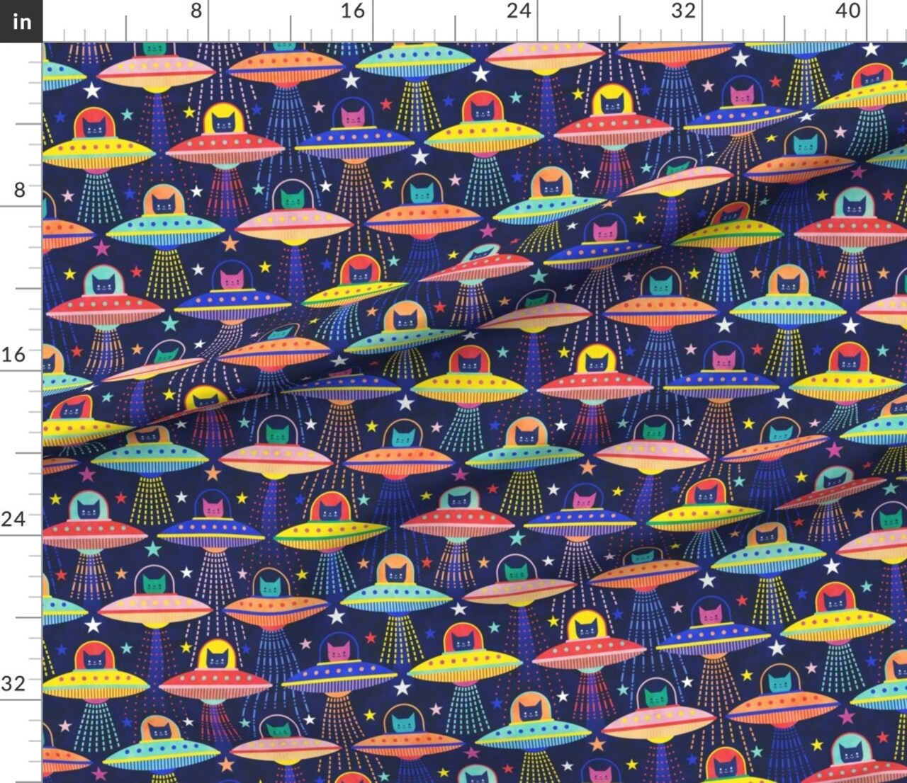 Rainbow Space Cat Flying Saucers Multicolored 80S Retro Outer Ufo Arcade Games Custom Printed Fabric by Spoonflower Various Fabrics by the Yard or Fat Quarter